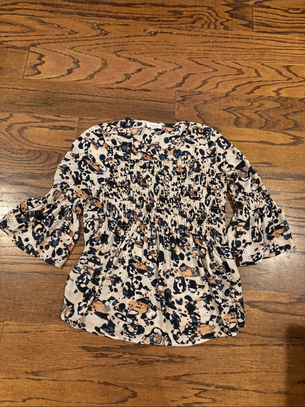 Vintage America Beige Animal Print Smocked Peasant Blouse